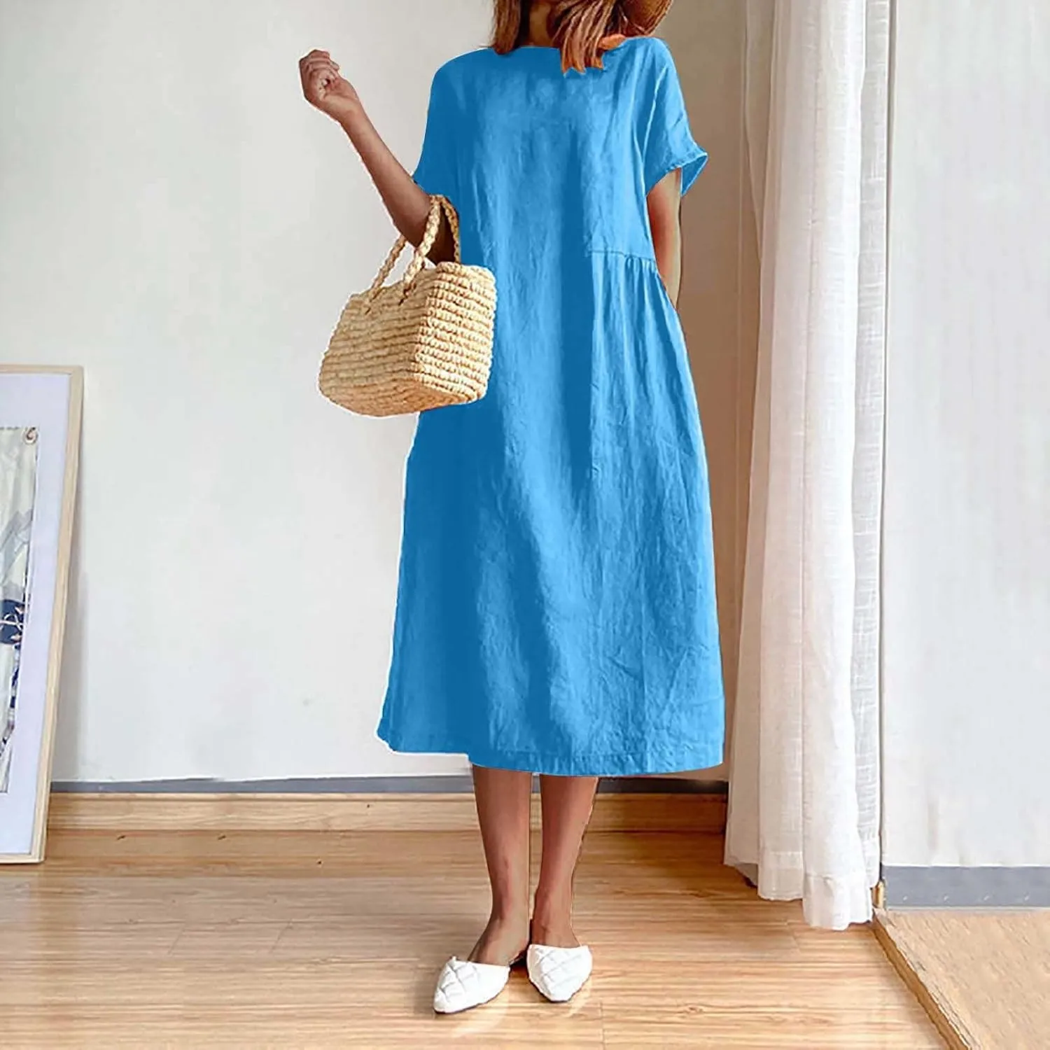 Cotton Linen Midi Dress for Women 2024 Summer Dresses Short Sleeve Causal Loose Tshirt Dress Trendy Elegant Beach Dress