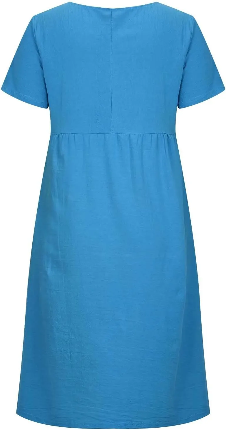 Cotton Linen Midi Dress for Women 2024 Summer Dresses Short Sleeve Causal Loose Tshirt Dress Trendy Elegant Beach Dress