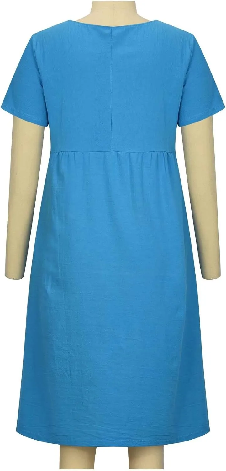 Cotton Linen Midi Dress for Women 2024 Summer Dresses Short Sleeve Causal Loose Tshirt Dress Trendy Elegant Beach Dress