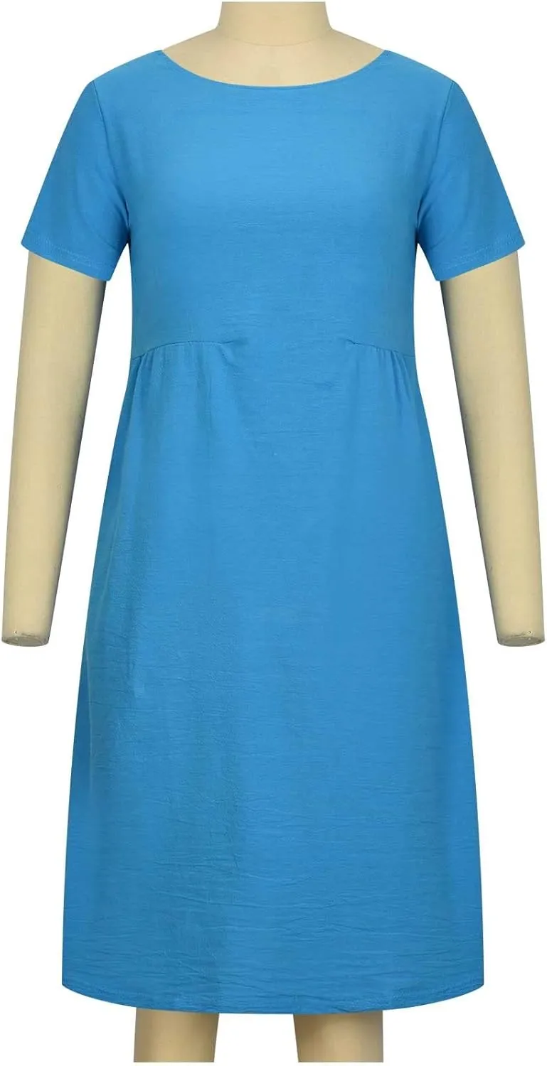 Cotton Linen Midi Dress for Women 2024 Summer Dresses Short Sleeve Causal Loose Tshirt Dress Trendy Elegant Beach Dress