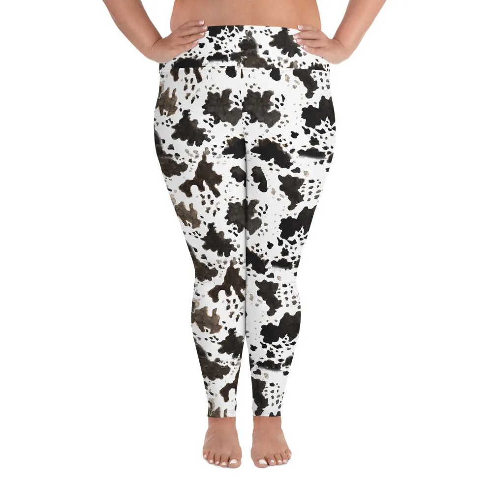 Cow Print Plus Size Leggings, Women's Workout Fitness Sports Yoga Pants Long Tights