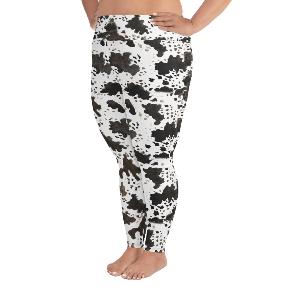 Cow Print Plus Size Leggings, Women's Workout Fitness Sports Yoga Pants Long Tights