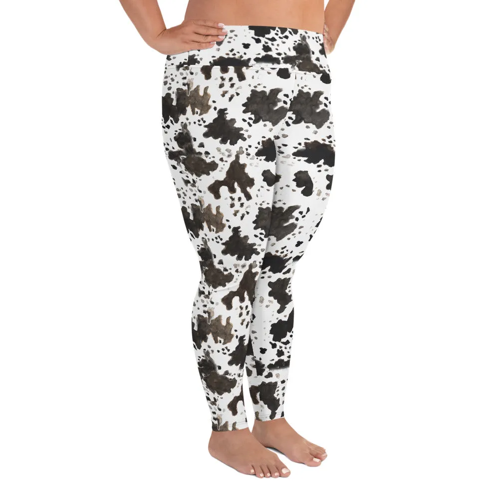 Cow Print Plus Size Leggings, Women's Workout Fitness Sports Yoga Pants Long Tights