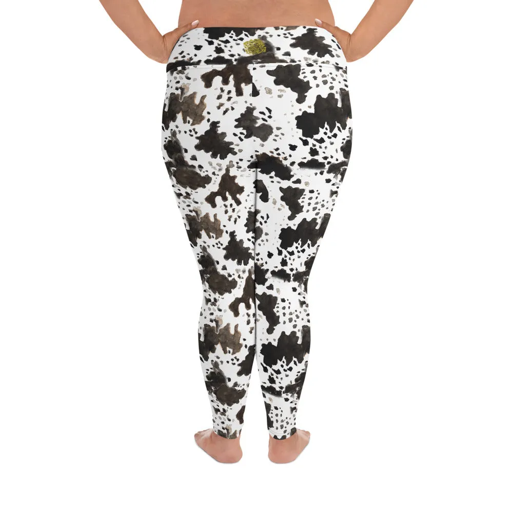 Cow Print Plus Size Leggings, Women's Workout Fitness Sports Yoga Pants Long Tights