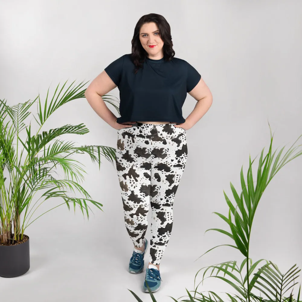 Cow Print Plus Size Leggings, Women's Workout Fitness Sports Yoga Pants Long Tights