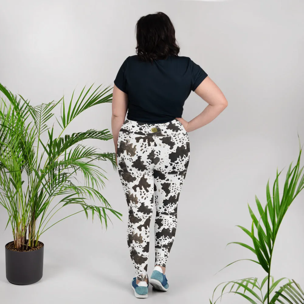 Cow Print Plus Size Leggings, Women's Workout Fitness Sports Yoga Pants Long Tights