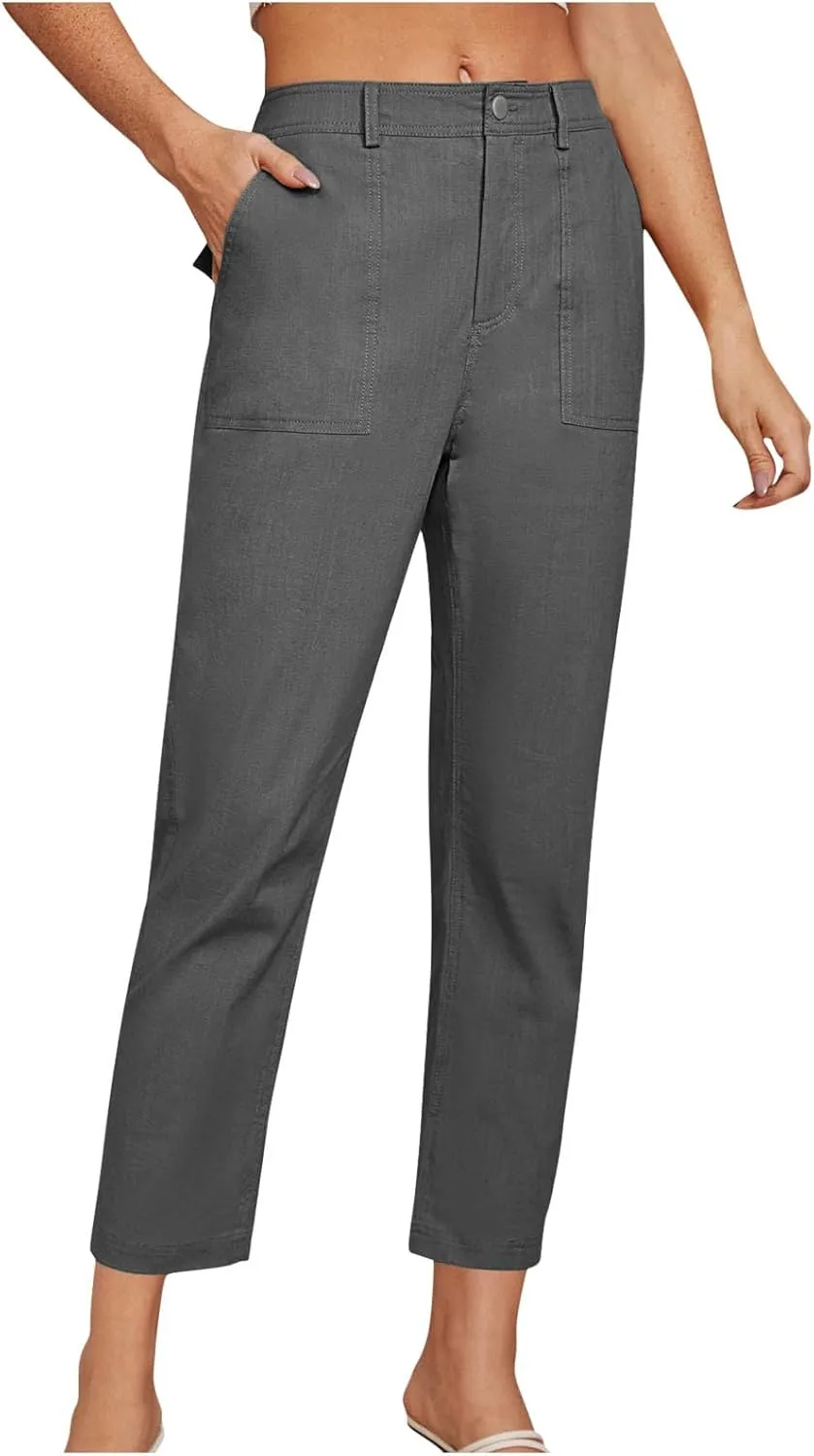 Cropped Work Pants Women High Waisted Business Casual Dress Pants Straight Ankle Length Tapered Trousers w/Pockets