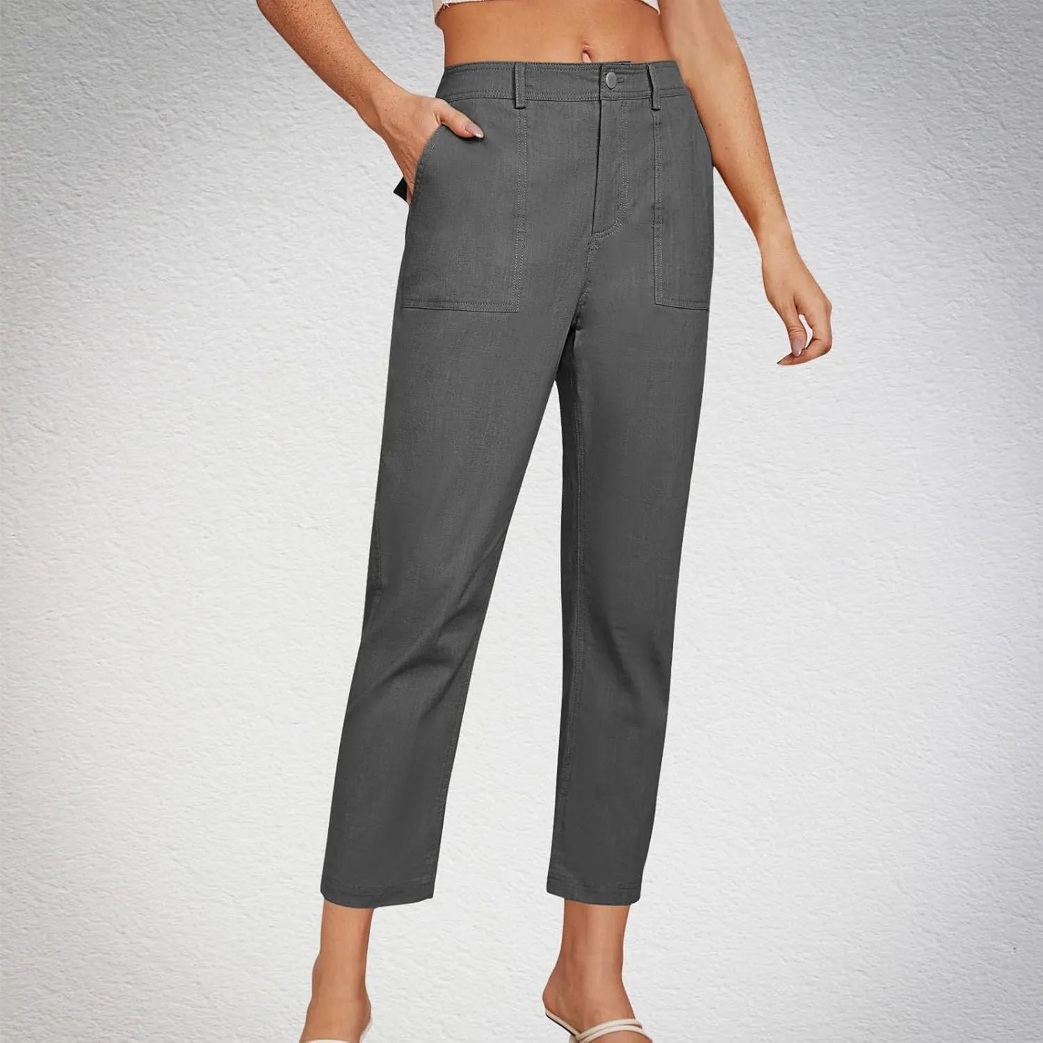 Cropped Work Pants Women High Waisted Business Casual Dress Pants Straight Ankle Length Tapered Trousers w/Pockets