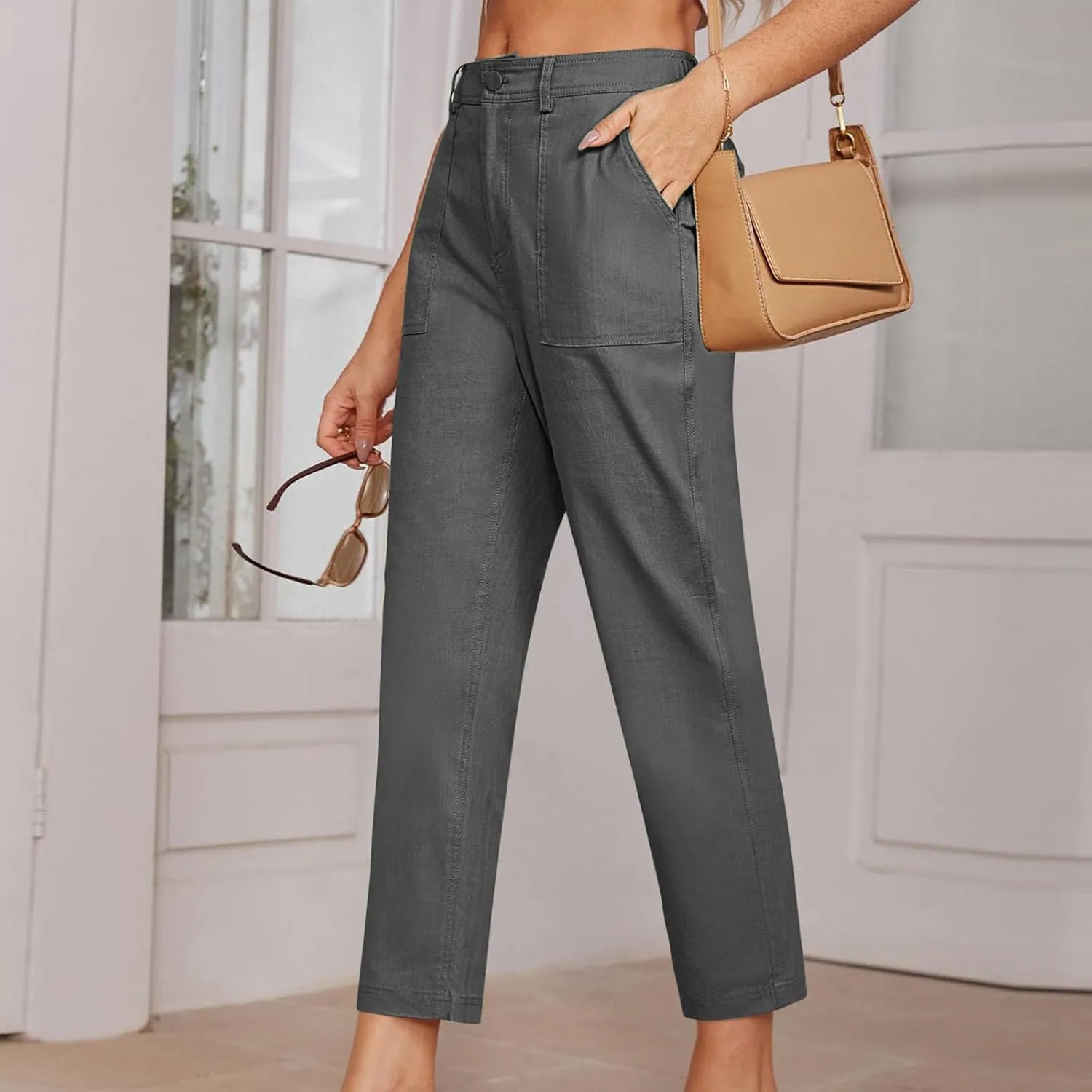 Cropped Work Pants Women High Waisted Business Casual Dress Pants Straight Ankle Length Tapered Trousers w/Pockets