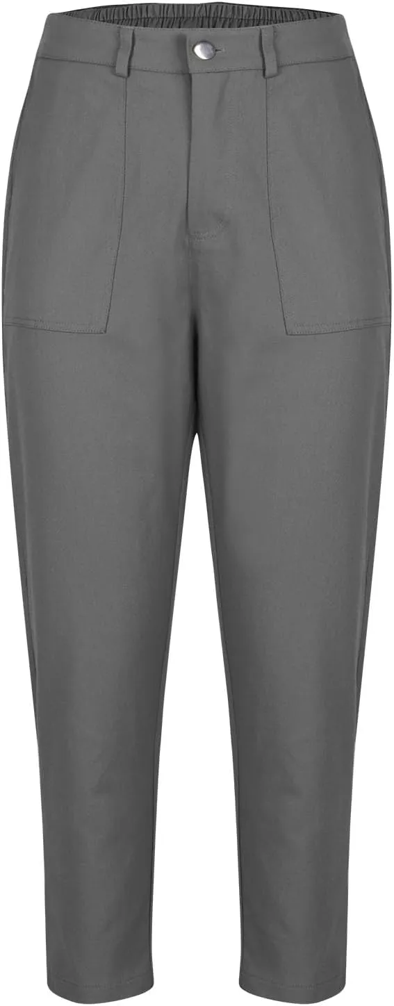 Cropped Work Pants Women High Waisted Business Casual Dress Pants Straight Ankle Length Tapered Trousers w/Pockets