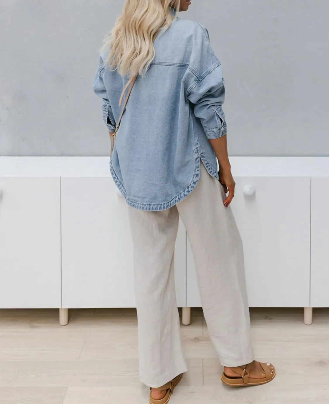 CYLADY Womens Denim Shirt Long Sleeve Oversized Boyfriend Jean Jacket Shacket Trendy Button Down Shirt