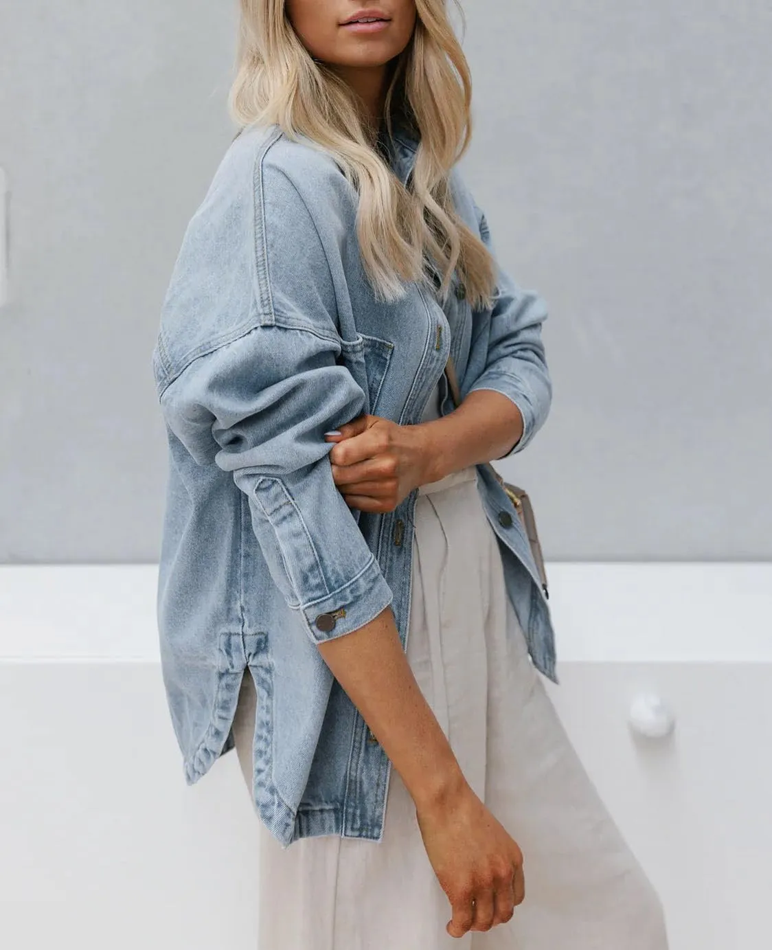 CYLADY Womens Denim Shirt Long Sleeve Oversized Boyfriend Jean Jacket Shacket Trendy Button Down Shirt