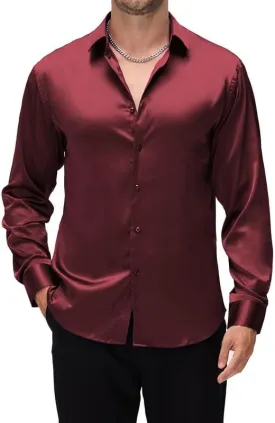 Damipow Satin Silk Mens Dress Shirts Long Sleeve Button Up Shirt Wedding Party Prom Shirt