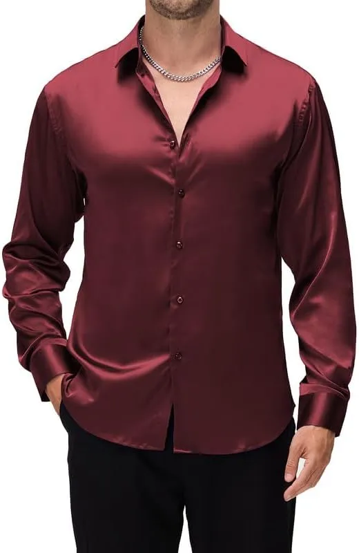 Damipow Satin Silk Mens Dress Shirts Long Sleeve Button Up Shirt Wedding Party Prom Shirt