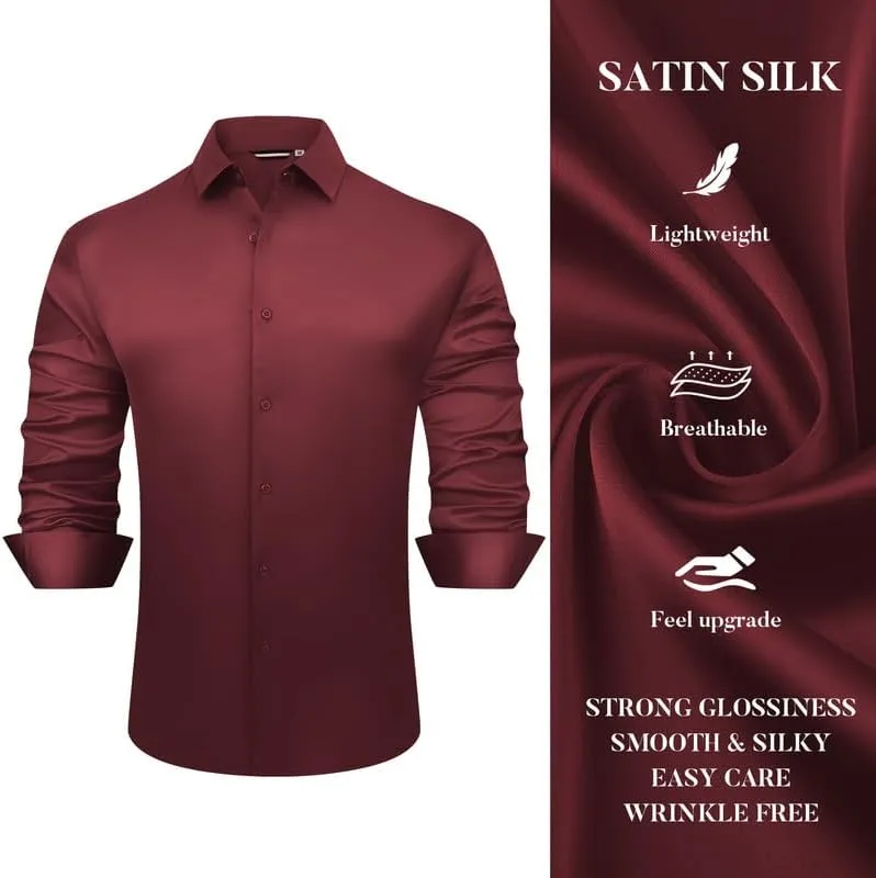 Damipow Satin Silk Mens Dress Shirts Long Sleeve Button Up Shirt Wedding Party Prom Shirt