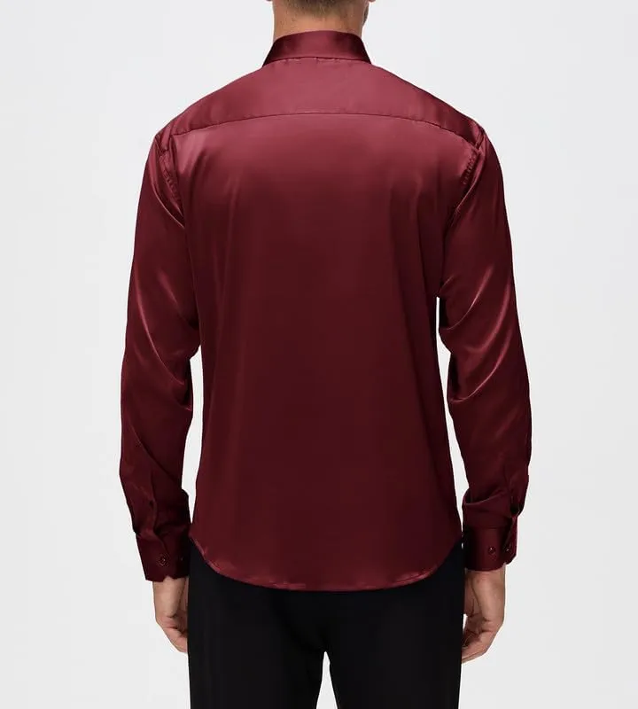 Damipow Satin Silk Mens Dress Shirts Long Sleeve Button Up Shirt Wedding Party Prom Shirt