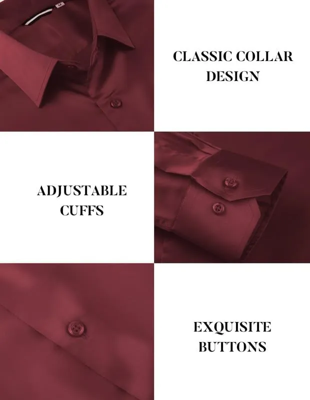 Damipow Satin Silk Mens Dress Shirts Long Sleeve Button Up Shirt Wedding Party Prom Shirt