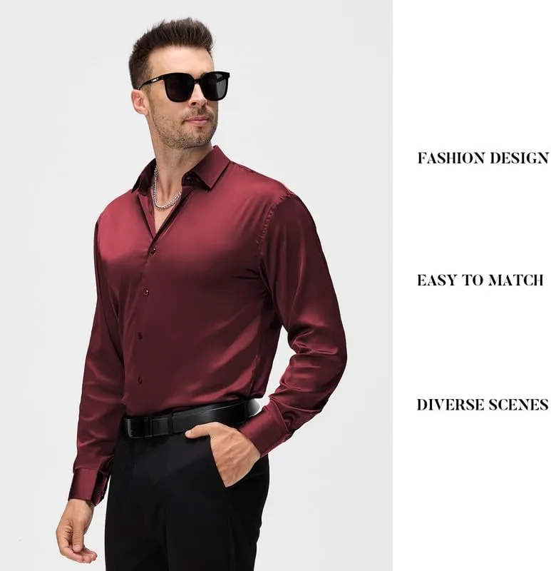 Damipow Satin Silk Mens Dress Shirts Long Sleeve Button Up Shirt Wedding Party Prom Shirt