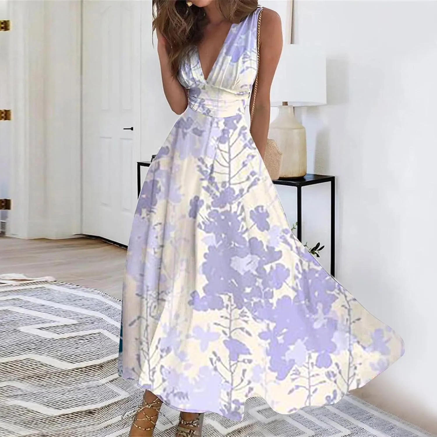 Dresses for Women 2024 Flowy Ruched Floral Print Boho Dress Sleeveless Wrap V Neck Sundresses Trendy Maxi Dress