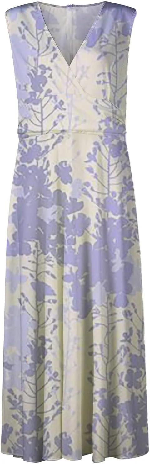 Dresses for Women 2024 Flowy Ruched Floral Print Boho Dress Sleeveless Wrap V Neck Sundresses Trendy Maxi Dress