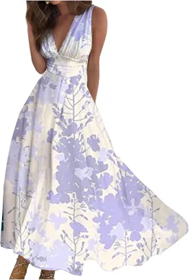 Dresses for Women 2024 Flowy Ruched Floral Print Boho Dress Sleeveless Wrap V Neck Sundresses Trendy Maxi Dress