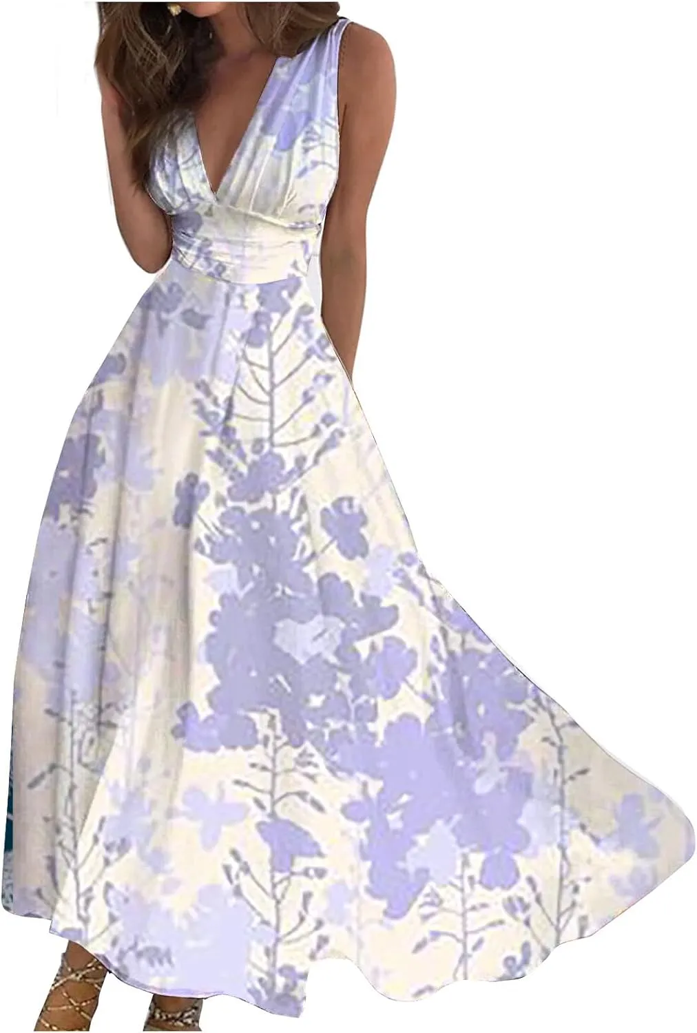 Dresses for Women 2024 Flowy Ruched Floral Print Boho Dress Sleeveless Wrap V Neck Sundresses Trendy Maxi Dress