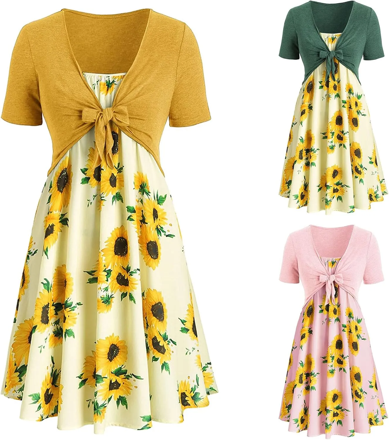 Eduavar Summer Dresses for Women 2024, Boho Dresses for Women 2024 Short Sleeve Bow-Knot Tops Sunflower Print Midi Dress