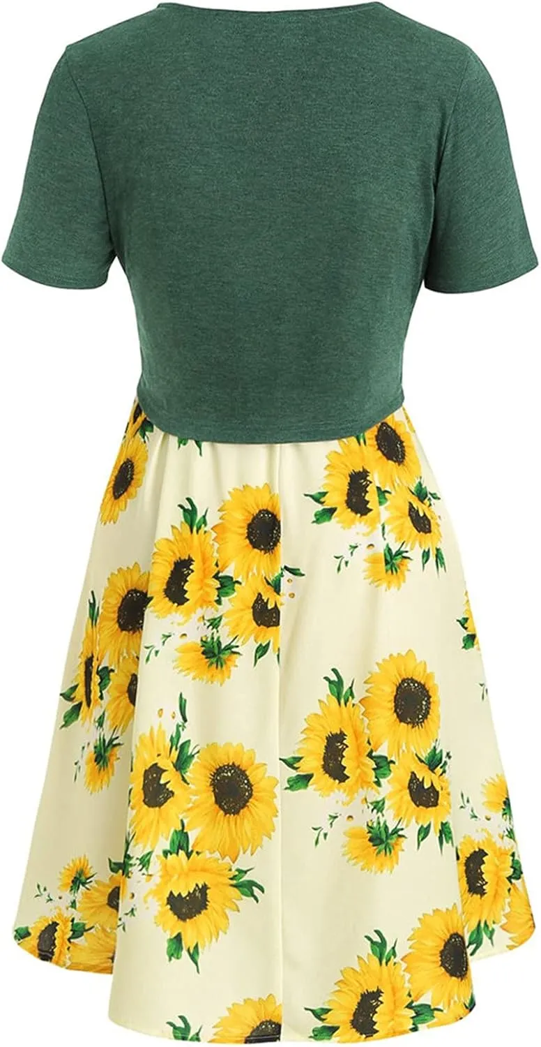 Eduavar Summer Dresses for Women 2024, Boho Dresses for Women 2024 Short Sleeve Bow-Knot Tops Sunflower Print Midi Dress