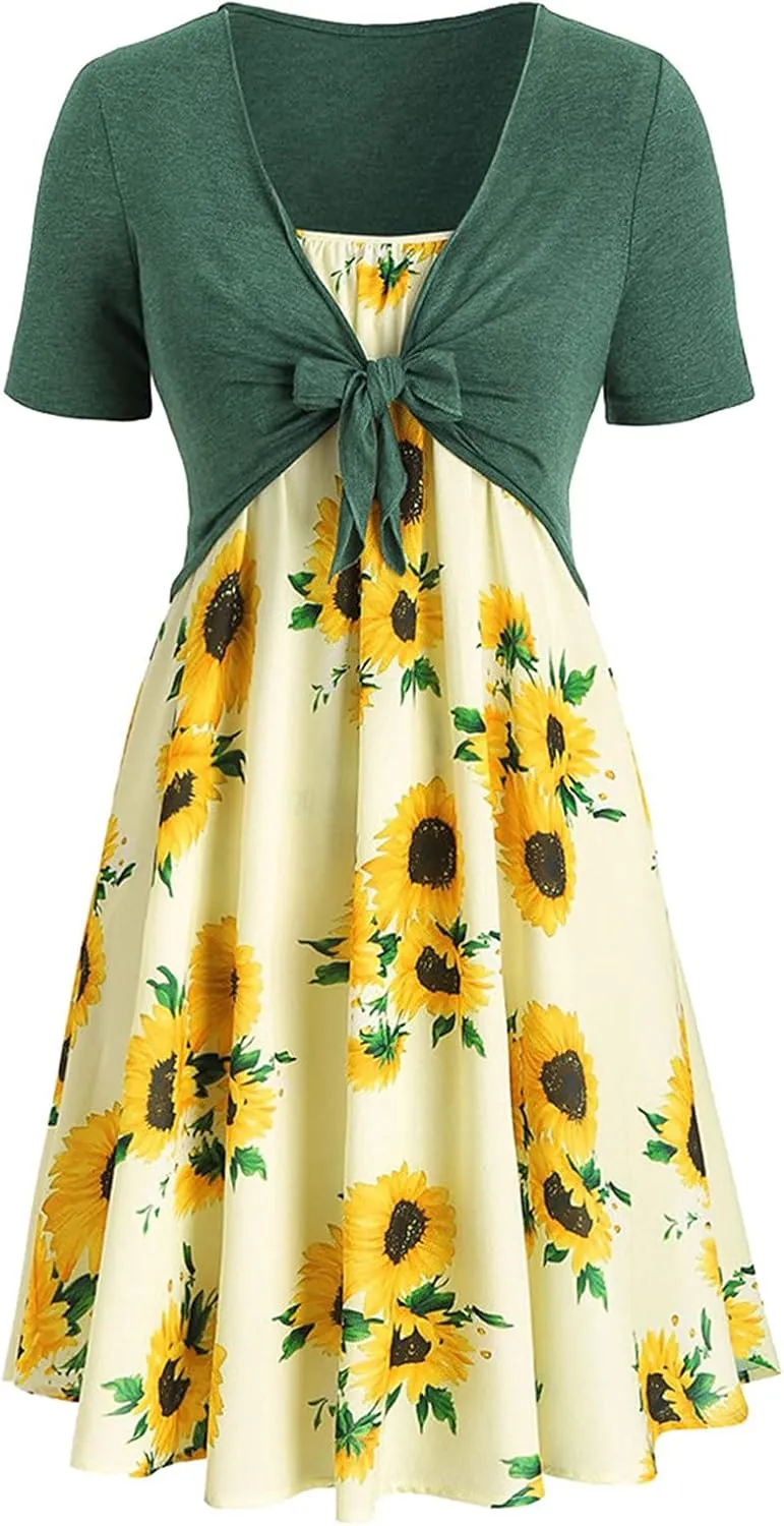 Eduavar Summer Dresses for Women 2024, Boho Dresses for Women 2024 Short Sleeve Bow-Knot Tops Sunflower Print Midi Dress
