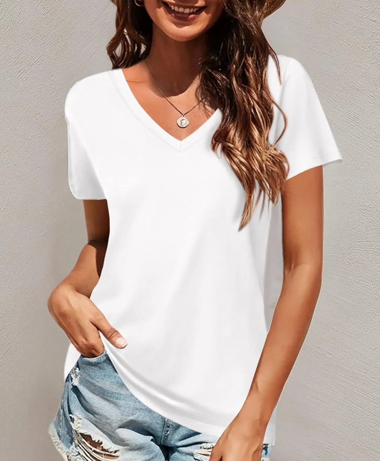 Elesomo Women Shirts V Neck Short/Long Sleeve Cotton Tops T-Shirt Basic Tees