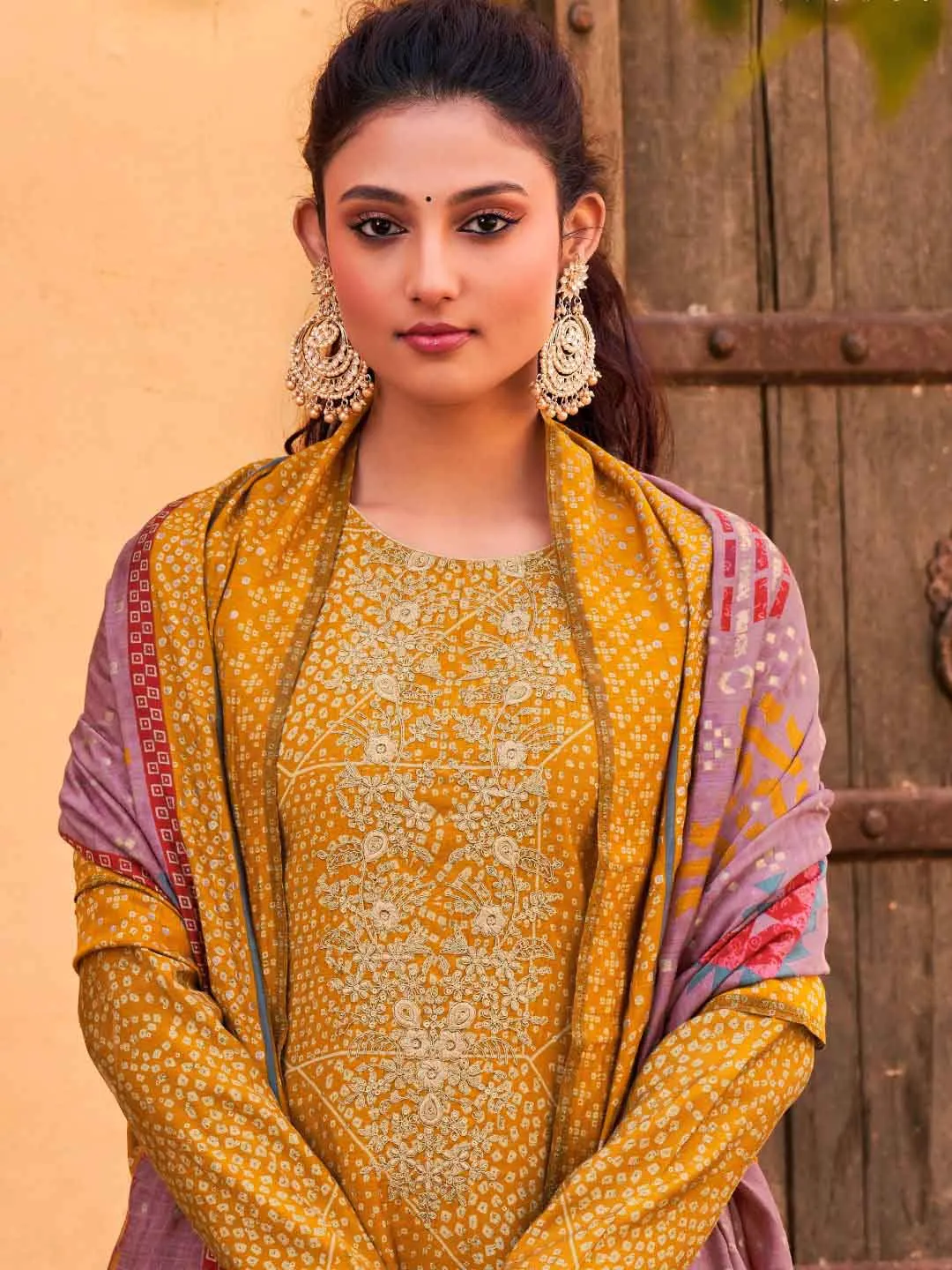 Embroidered Mustard Yellow Viscose Unstitched Women Suit Dress Materials