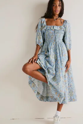 Eponine - Printed Midi Dress with Ruffled Bodice and Flounces
