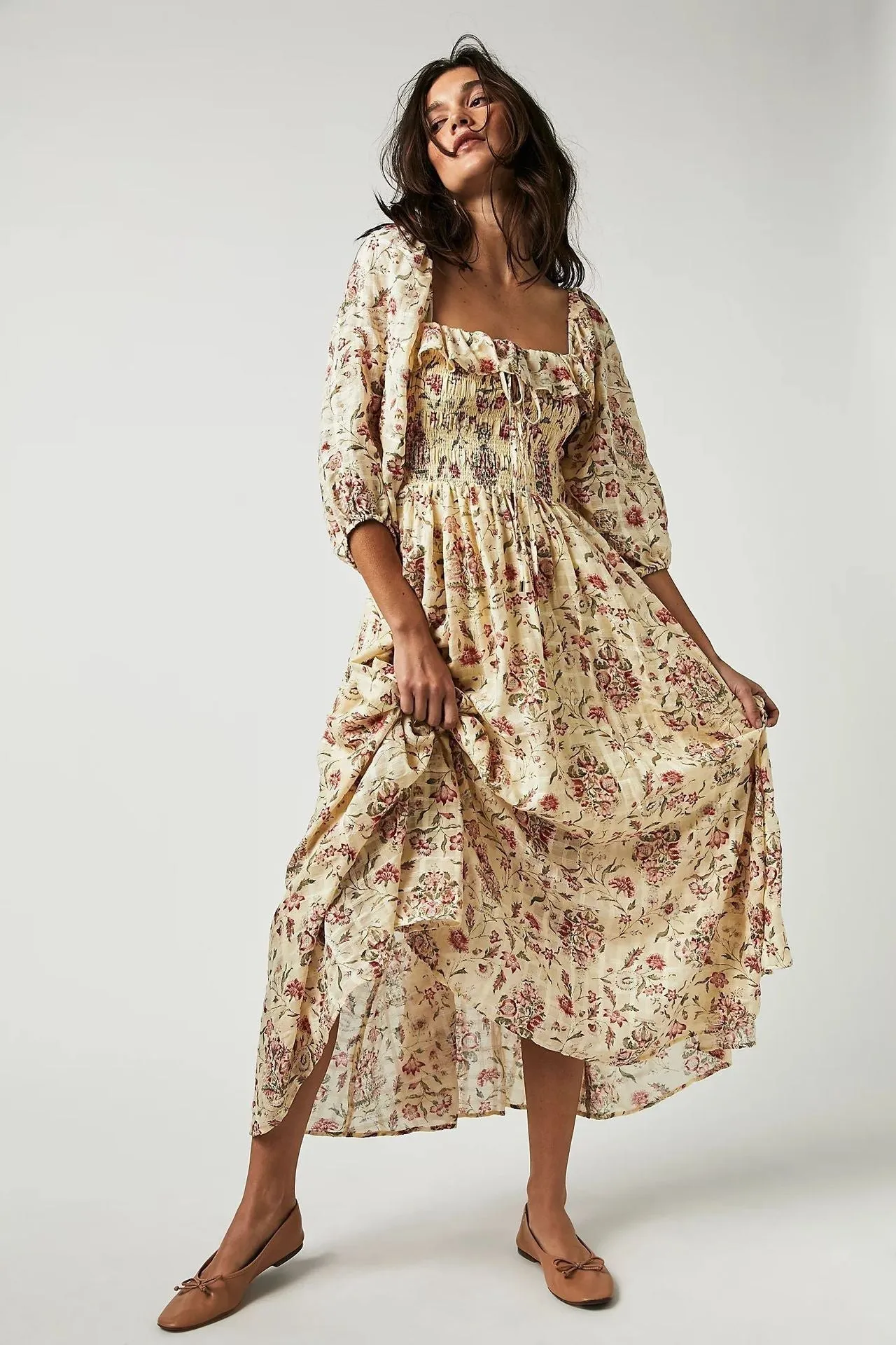 Eponine - Printed Midi Dress with Ruffled Bodice and Flounces