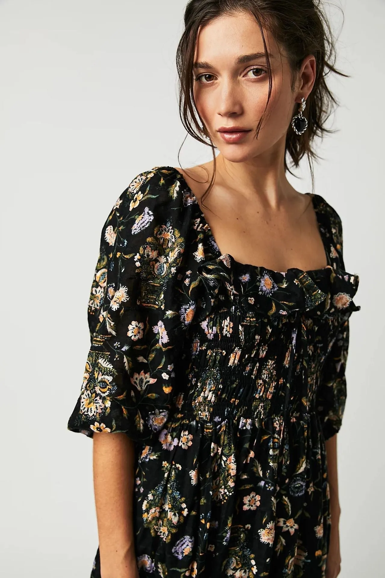 Eponine - Printed Midi Dress with Ruffled Bodice and Flounces