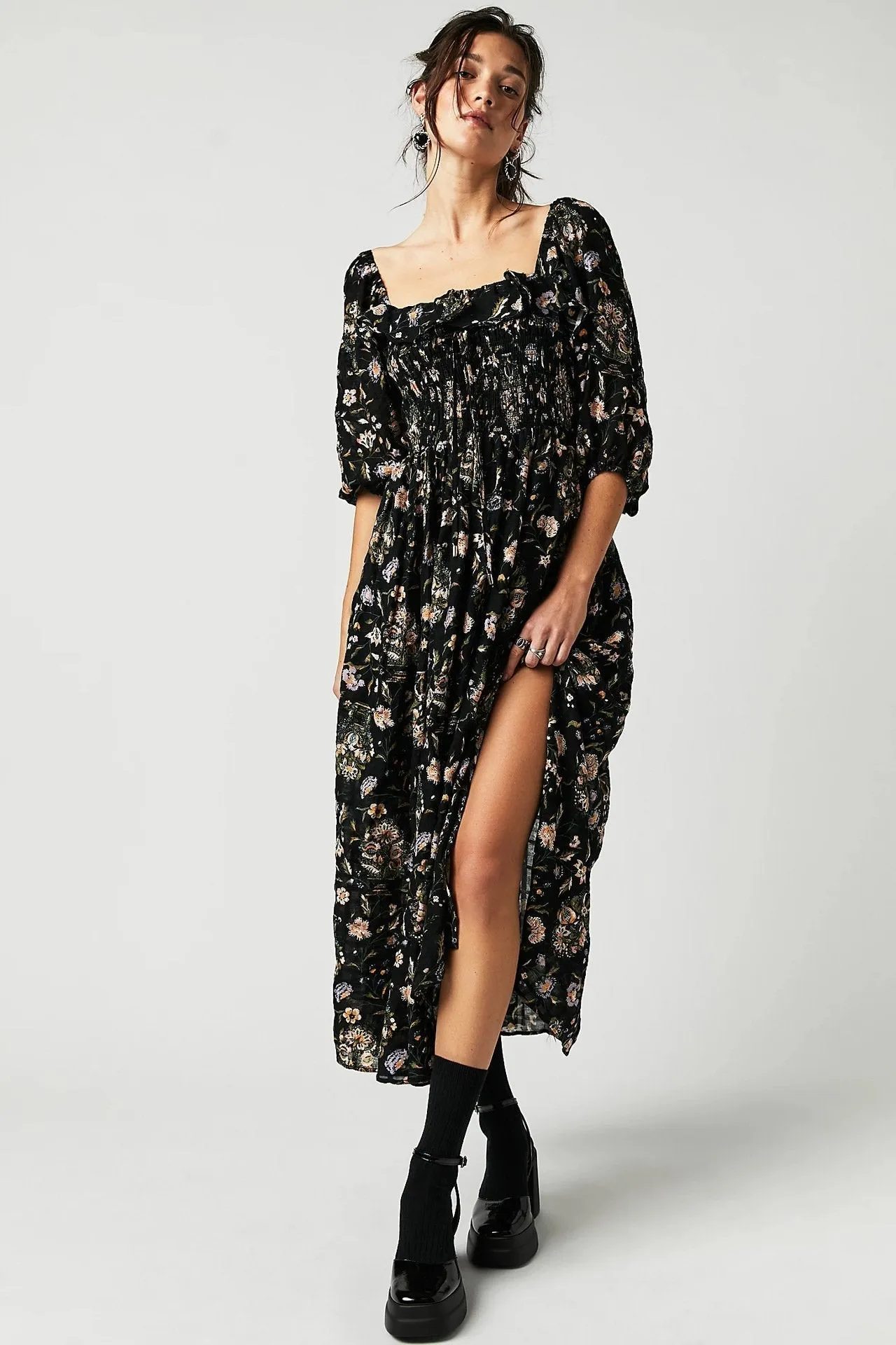 Eponine - Printed Midi Dress with Ruffled Bodice and Flounces