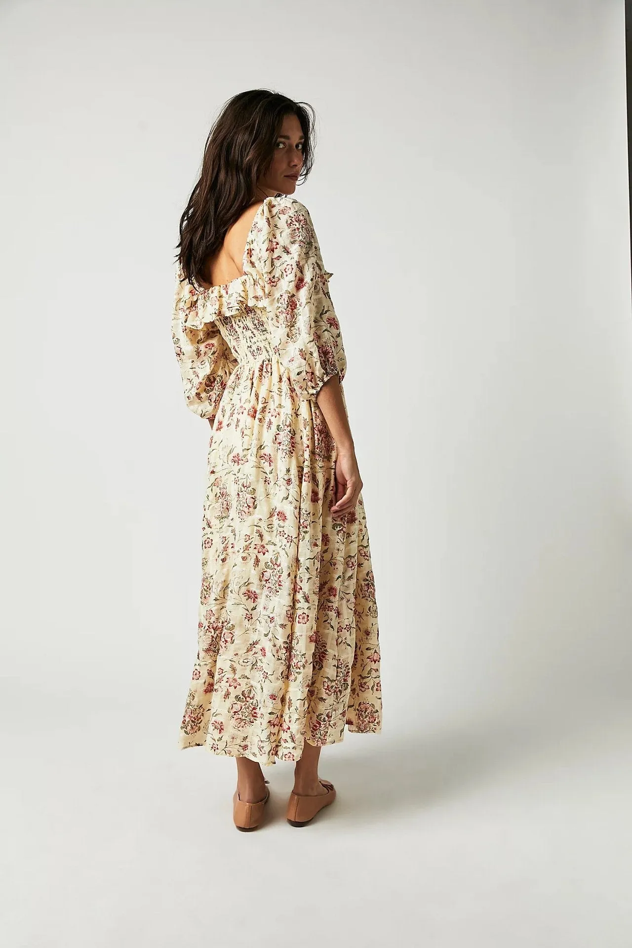 Eponine - Printed Midi Dress with Ruffled Bodice and Flounces