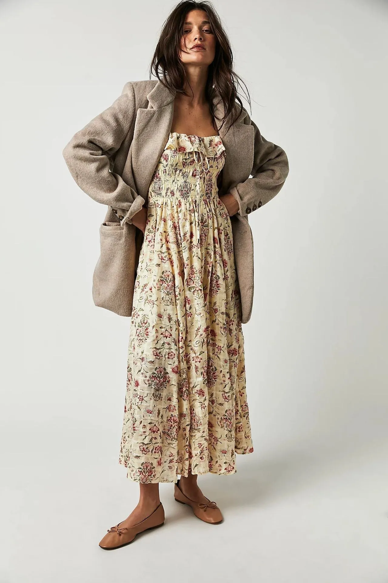Eponine - Printed Midi Dress with Ruffled Bodice and Flounces