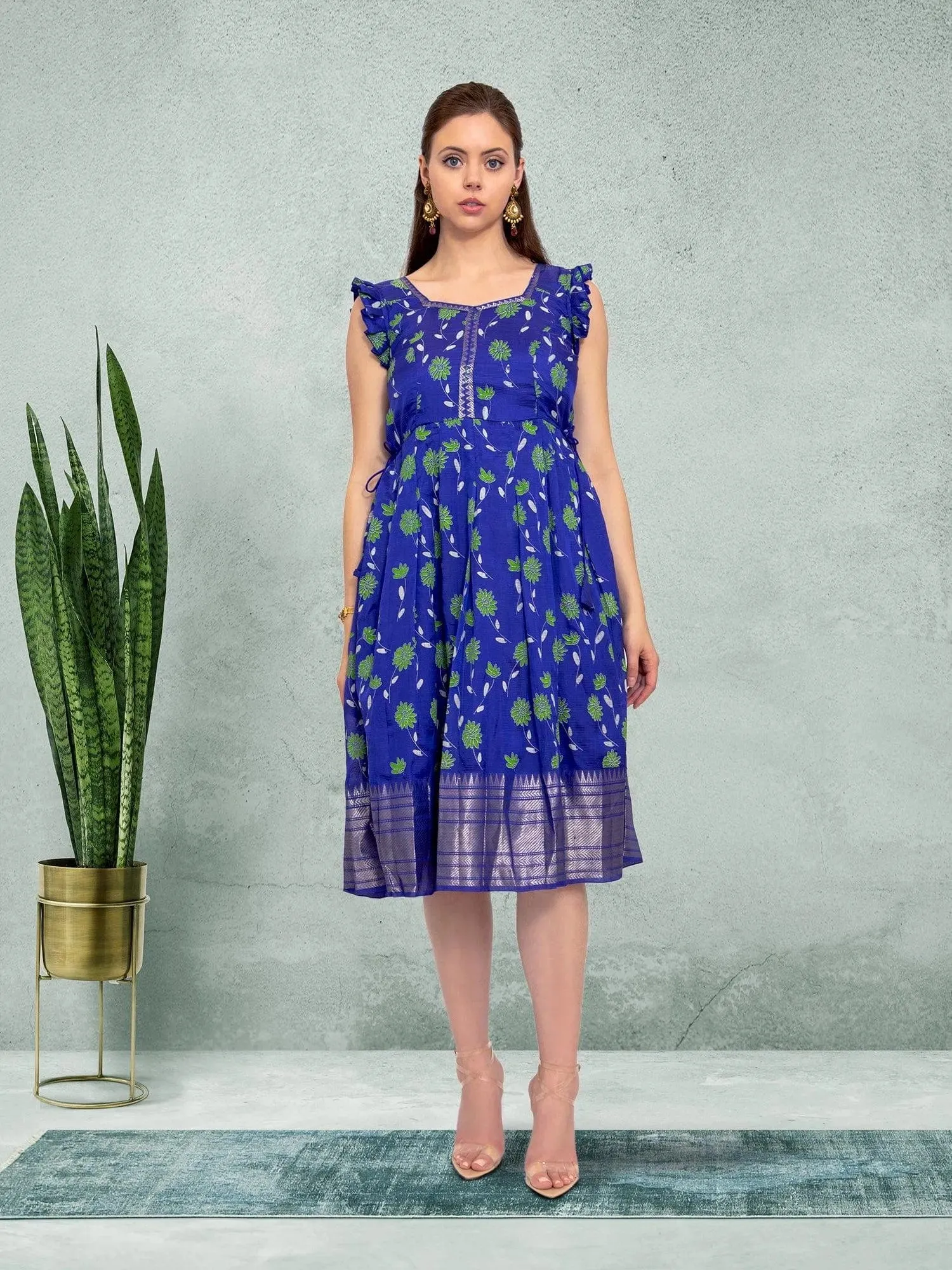 EthnoChic - Blue Floral Silk Knee Length Dress