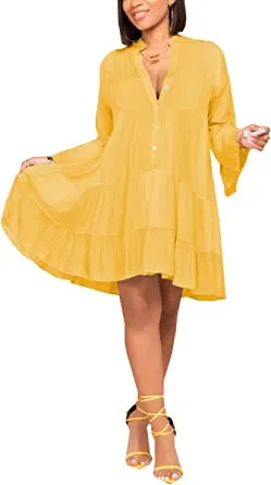 FairyLove Womens Casual Long Bell Sleeves Dress Loose Flowy Dresses for Wedding Guest