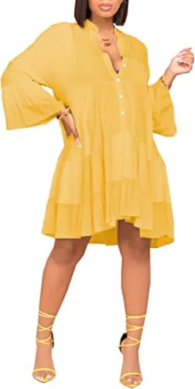 FairyLove Womens Casual Long Bell Sleeves Dress Loose Flowy Dresses for Wedding Guest