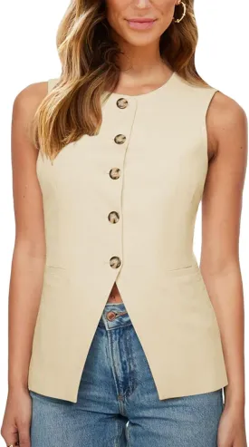 Fallorchid Womens Round neck Suit Vest Sleeveless Button Business Jacket Waistcoat Top