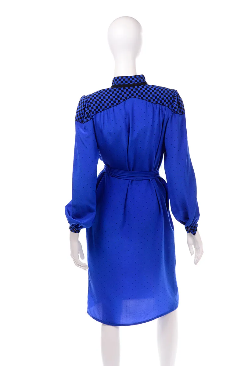 Francesca of Damon For Starington Blue Black Polka Dot Silk Dress