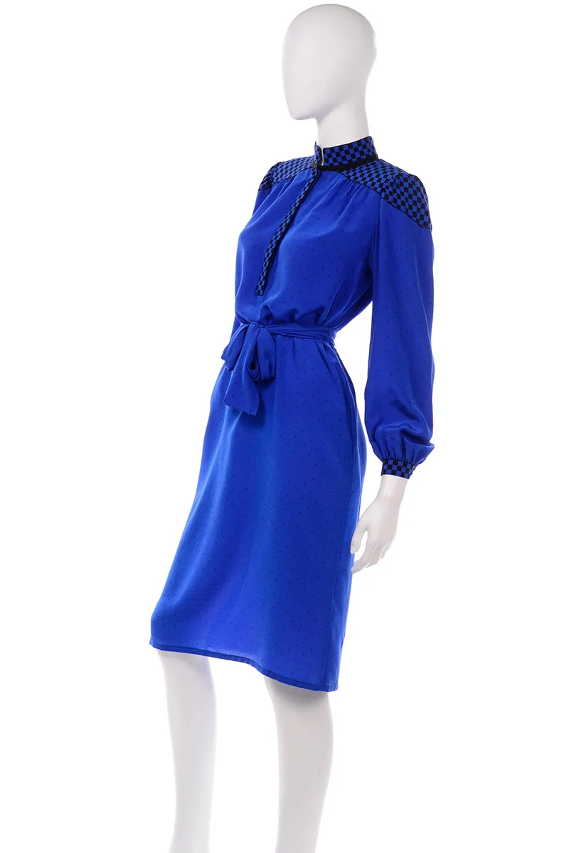 Francesca of Damon For Starington Blue Black Polka Dot Silk Dress