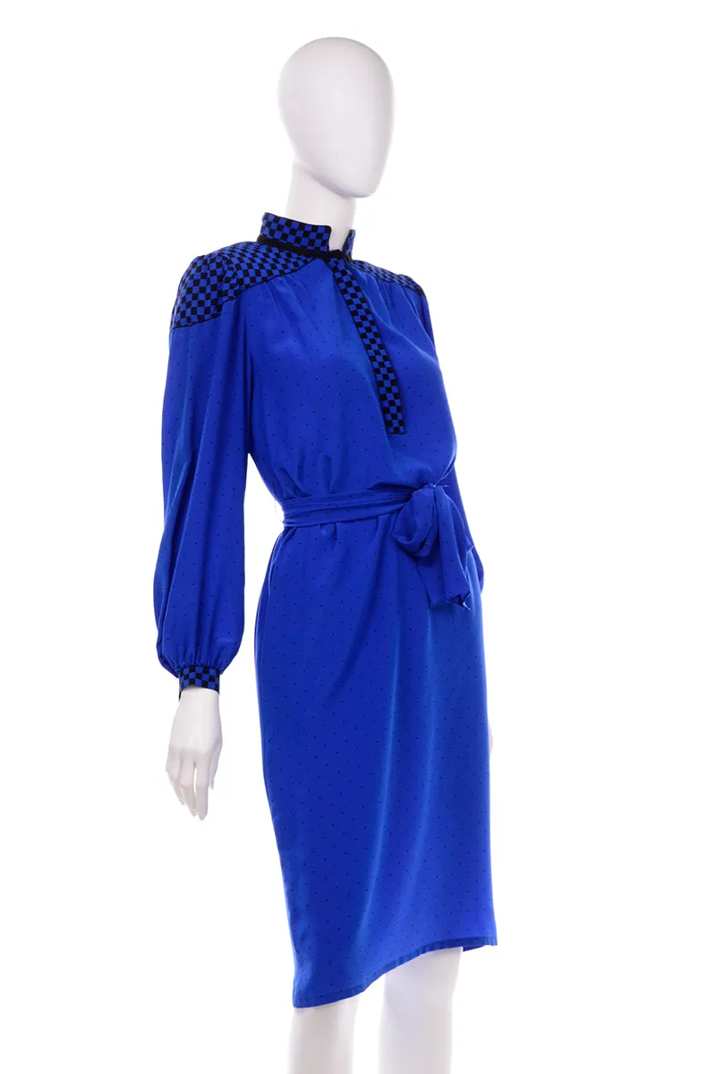 Francesca of Damon For Starington Blue Black Polka Dot Silk Dress