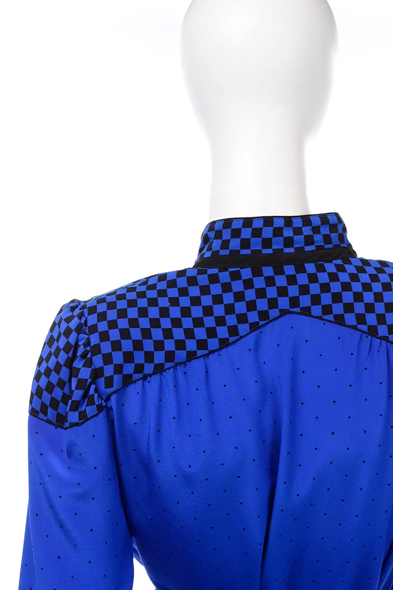 Francesca of Damon For Starington Blue Black Polka Dot Silk Dress