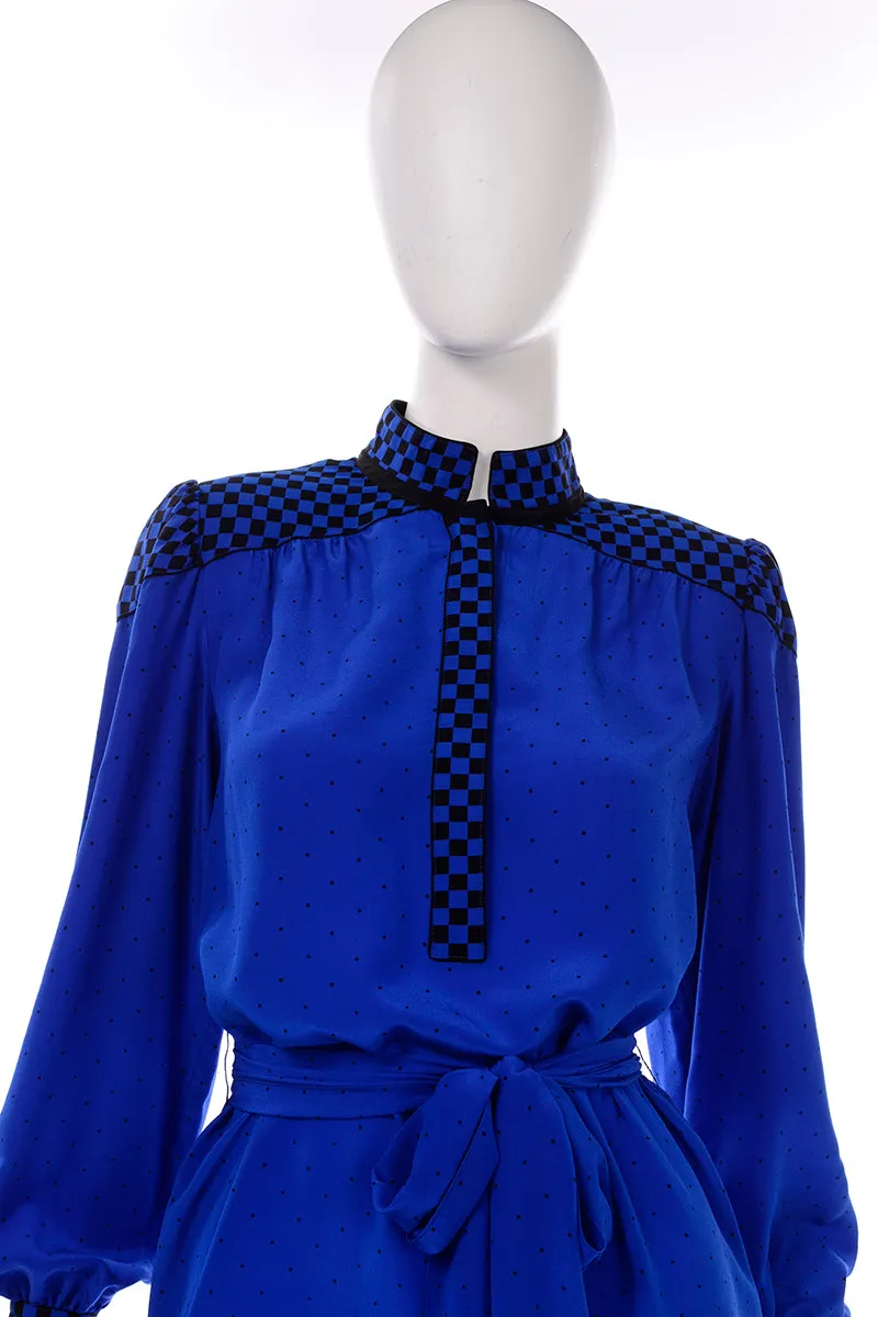 Francesca of Damon For Starington Blue Black Polka Dot Silk Dress