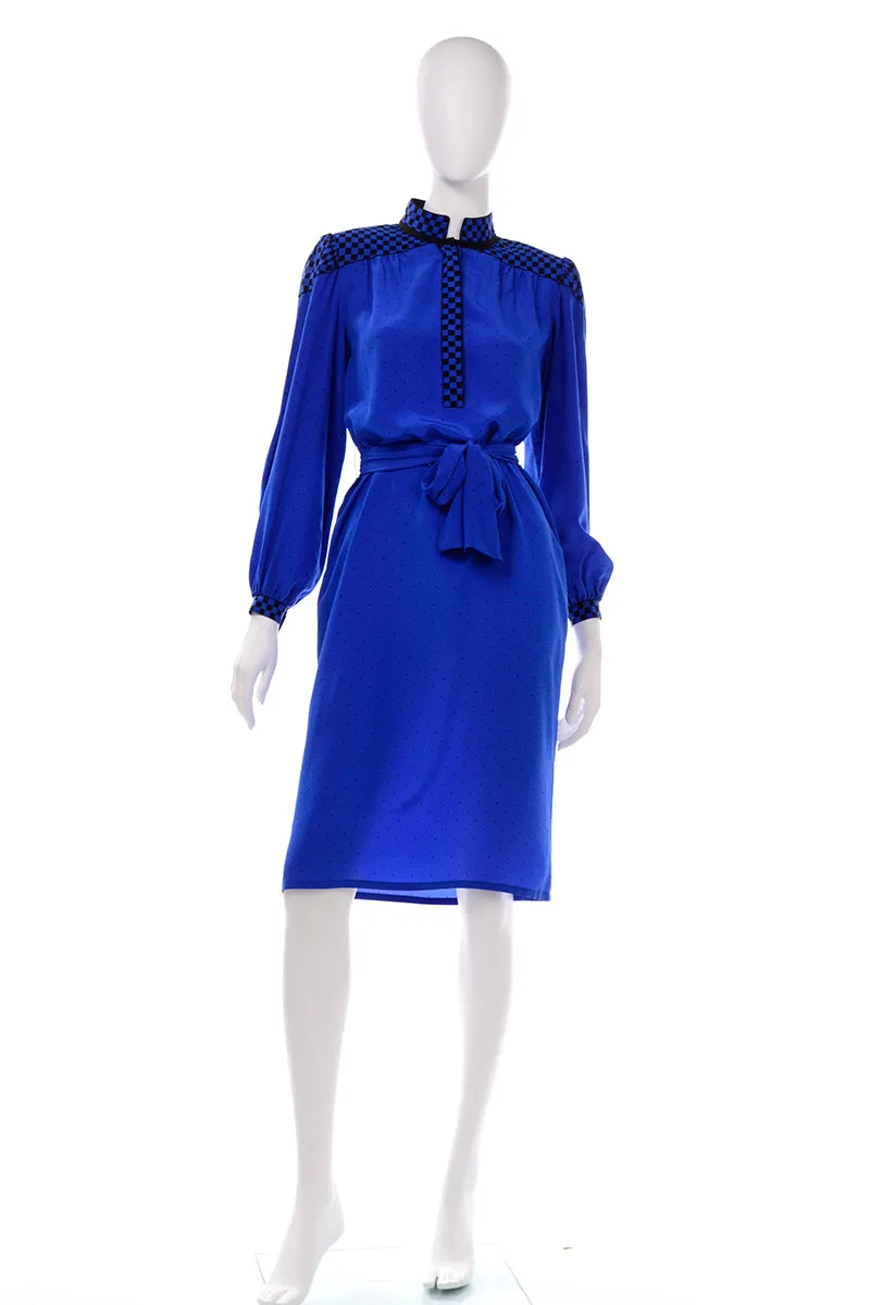 Francesca of Damon For Starington Blue Black Polka Dot Silk Dress