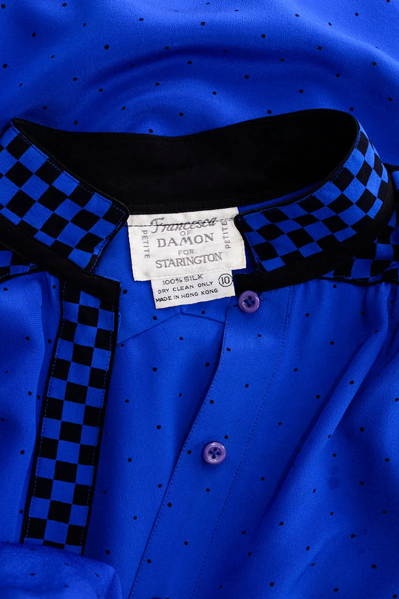 Francesca of Damon For Starington Blue Black Polka Dot Silk Dress