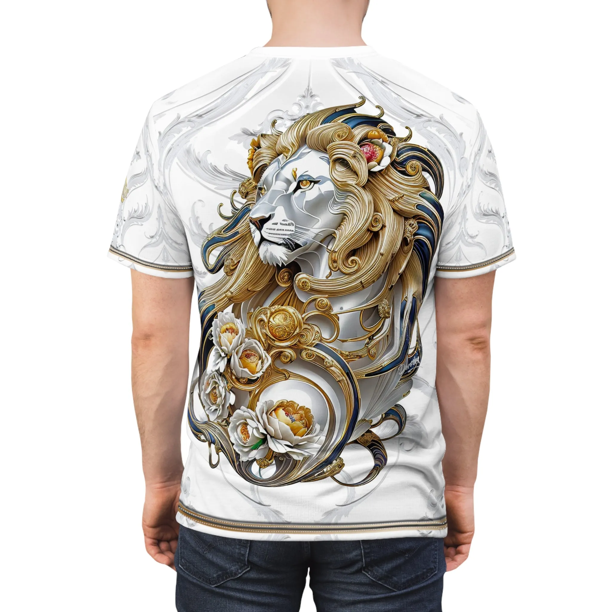 Gold Lion White T-Shirt Unisex All over Print Tee Baroque Lion Unisex T-Shirt | D30001