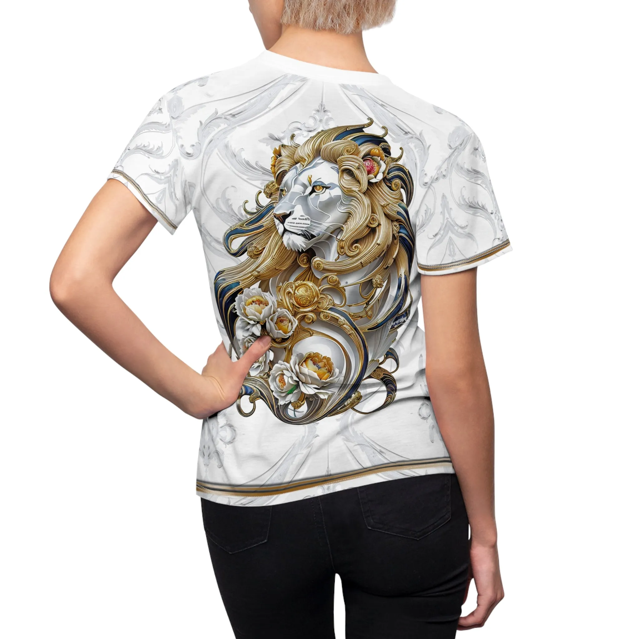 Gold Lion White T-Shirt Unisex All over Print Tee Baroque Lion Unisex T-Shirt | D30001